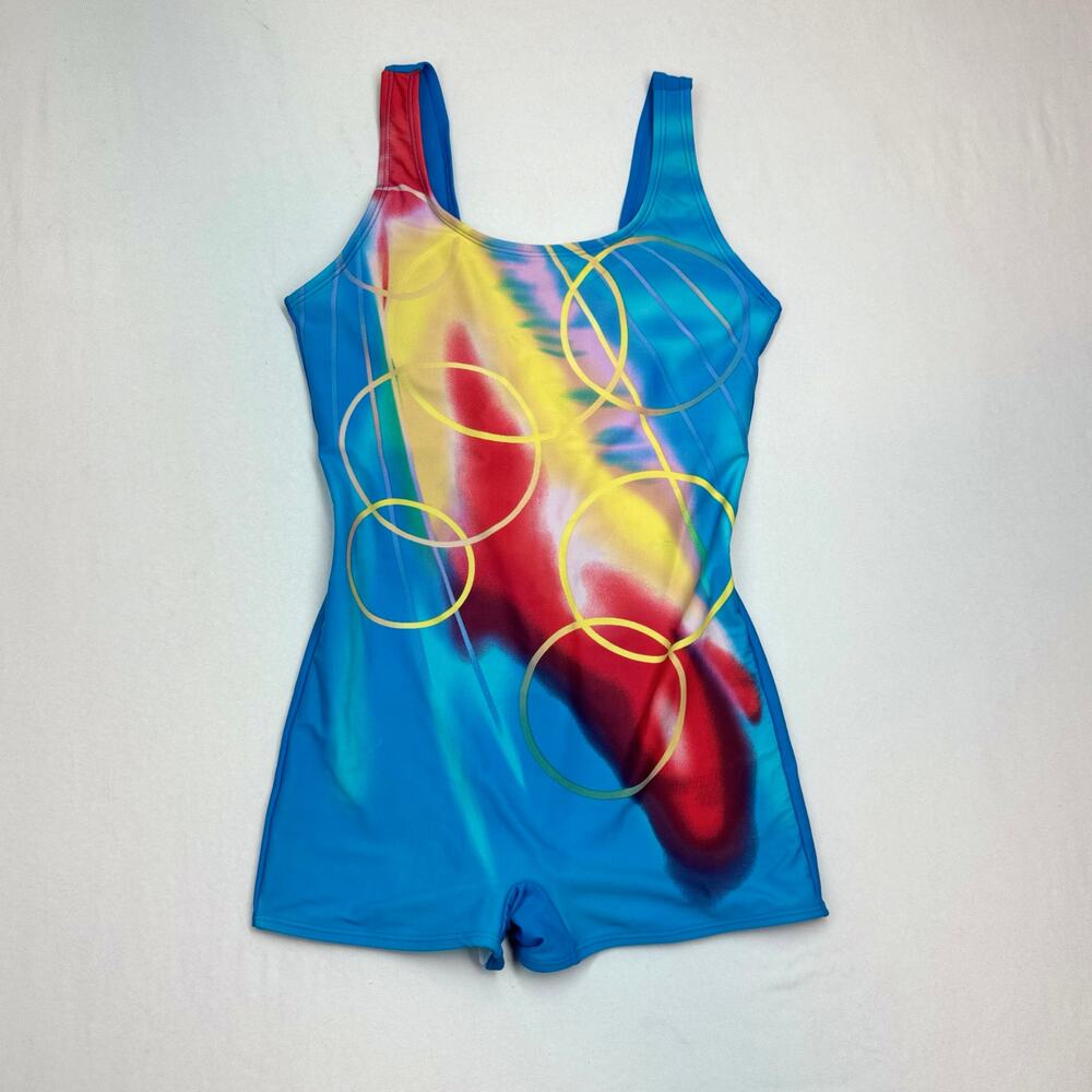 Retro Blue Abstract Swimsuit Romper One Piece Modest Boy Short Fit Women's XS